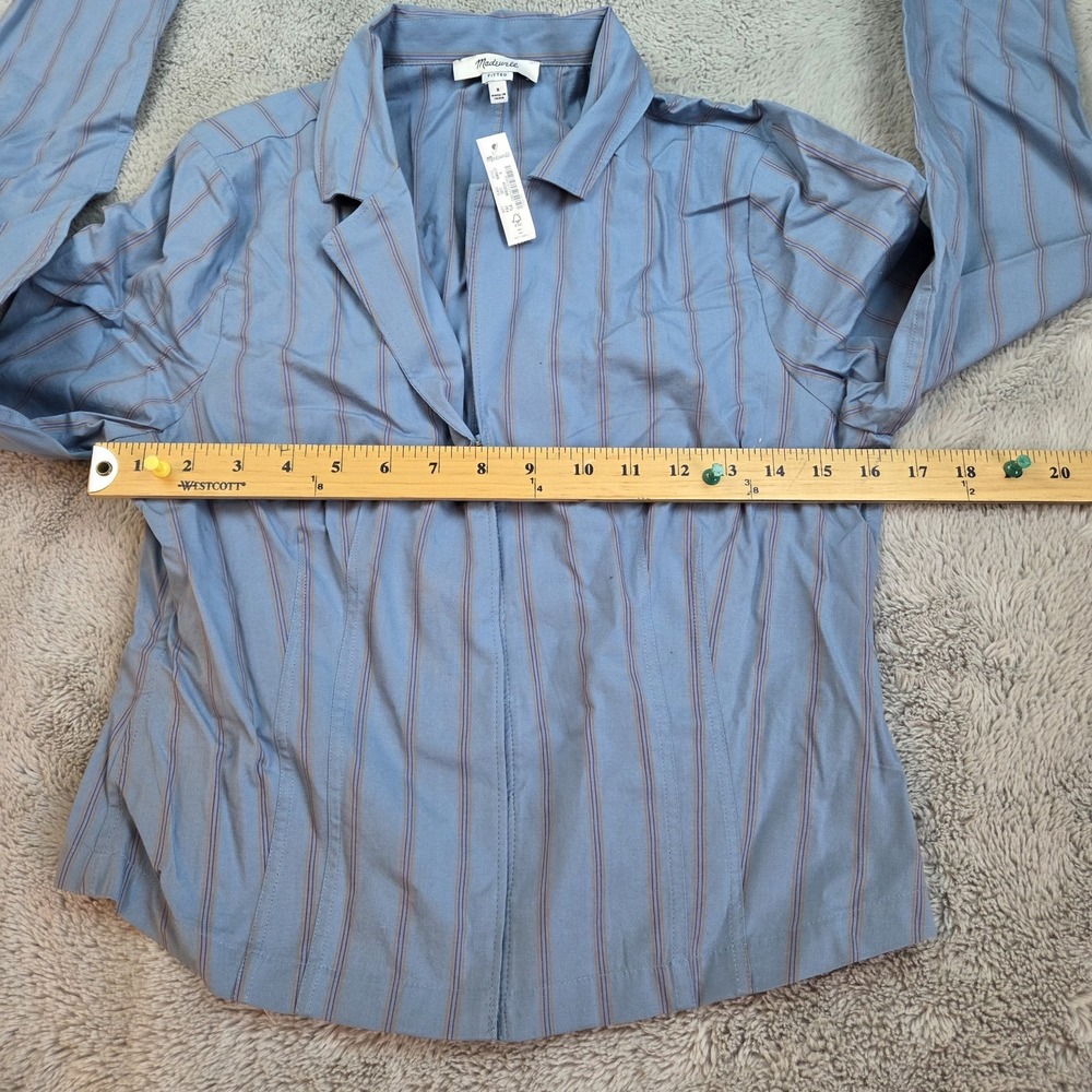 Madewell Cotton Blend Shirt Womens Sz 8 Fitted Striped Hook Eye Closure Blue New - Picture 4 of 10